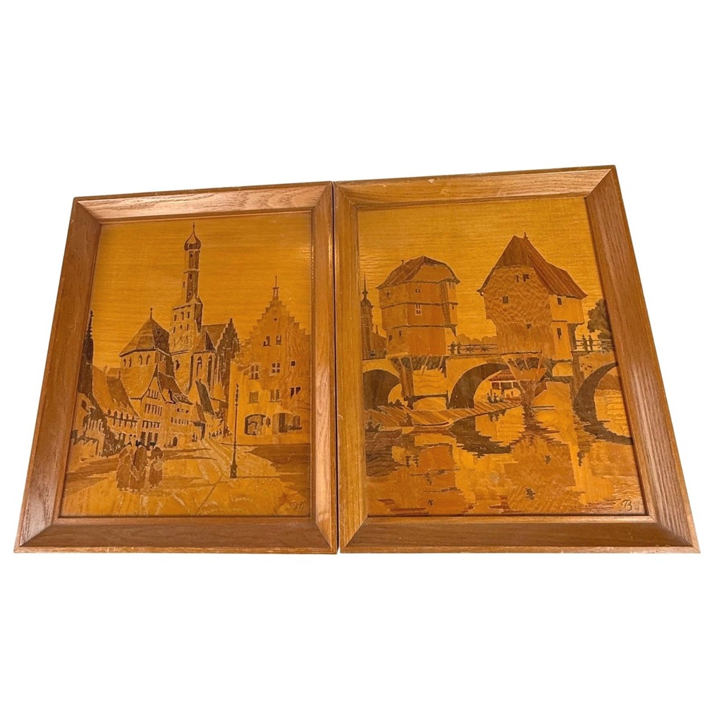 Buchschmid Gretaux Wood Inlay Art Bad Kreuznach Augsburg St Ulrichs Tower Pair